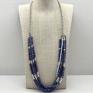 Talbots Necklace Blue Silver Tone Layered Beaded Strands‎ Long Chain 24 Inch